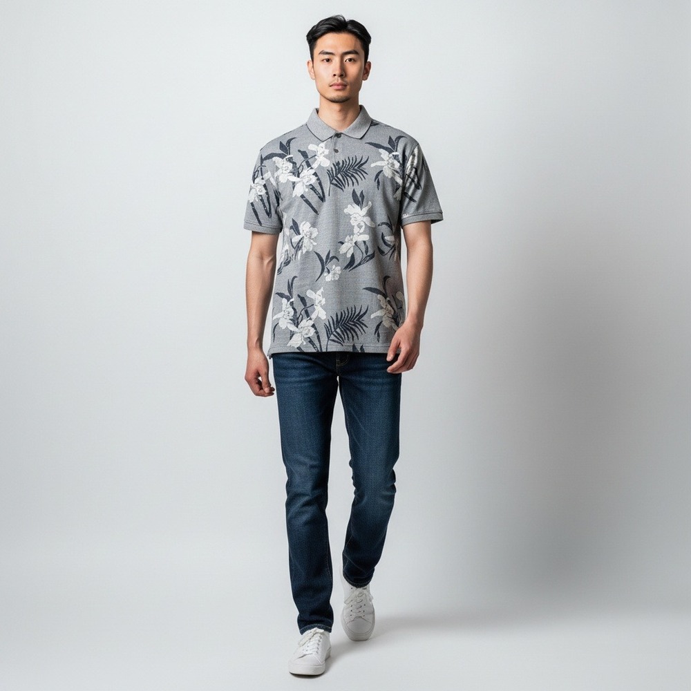 Caribbean Joe Polo Shirt XL Gray Floral Palm Print Short Sleeve Cotton Blend